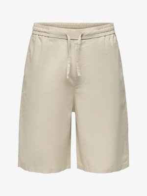 Beige knielange Shorts mit elastischem Bund und vorderem Kordelzug, aus leichtem Stoff.