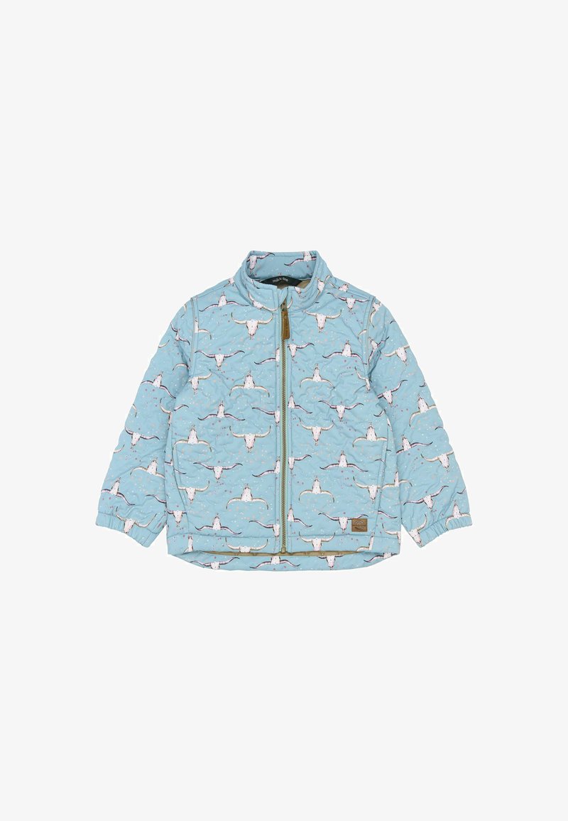 Lyseblå quiltet jakke med mønster af longhorn-kranier, fuld lynlås foran, krave og elastiske manchetter. Brun mærkeetiket i siden.