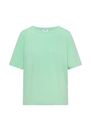 T-shirt pour femme vert clair à manches courtes, col rond et petite étiquette "CECIL" à l'intérieur du col.