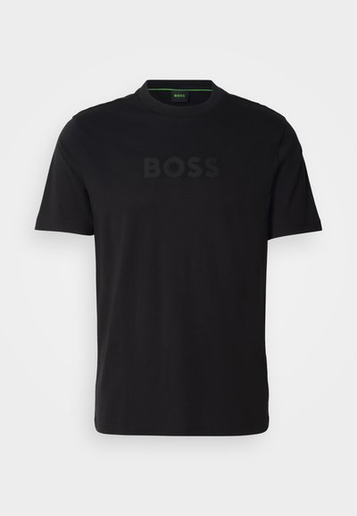 Черна къса тениска с кръгло деколте и тонален логотип "BOSS" отпред. Изработена от гладка, мека материя.