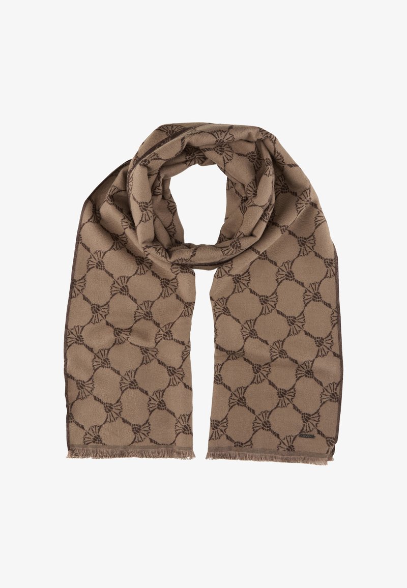 Écharpe marron avec un motif géométrique répétitif dans une teinte plus foncée, ornée de franges aux extrémités et d'une texture lisse.