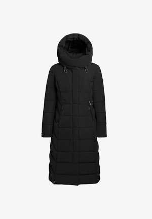 Lang svart polstret vinterjakke med høy krage og to glidelåslommer foran, designet for kalde værforhold.