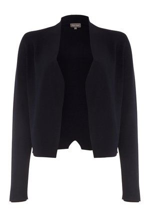 Schwarzer offener, kurzer Cardigan mit langen Ärmeln und einem kleinen Einschnitt am vorderen Saum.