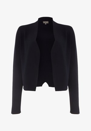 Schwarzer offener, kurzer Cardigan mit langen Ärmeln und einem kleinen Einschnitt am vorderen Saum.
