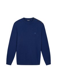 Marineblauwe gebreide trui met een ronde halslijn, met een textuurstof en drie decoratieve zwarte knopen op de linker schouder.