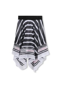 Μαύρη και λευκή ριγέ φούστα με σχεδίαση από στρώσεις, με μαύρη μέση και κόκκινο λογότυπο "KARL LAGERFELD" κατά μήκος του τελειώματος.