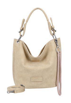 Beige faux leather handbag with a curved design, featuring silver hardware, a removable shoulder strap, and a textured, soft finish.