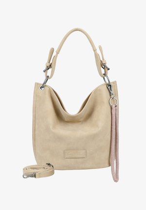 Beige faux leather handbag with a curved design, featuring silver hardware, a removable shoulder strap, and a textured, soft finish.