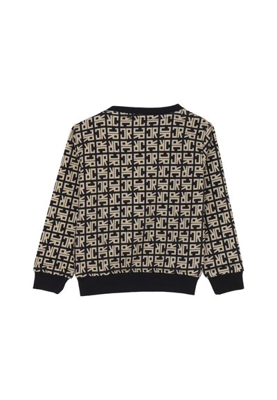 Maglione nero con motivo geometrico beige, scollatura rotonda e polsini a coste. Tessuto morbido, design casual, vestibilità regolare. Vista posteriore.