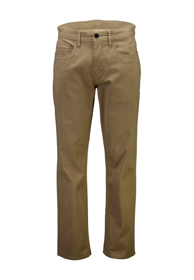 Pantaloni chinos di cotone color beige con gamba dritta, dotati di design a cinque tasche, chiusura frontale con bottoni e una texture liscia. Nessun motivo visibile.