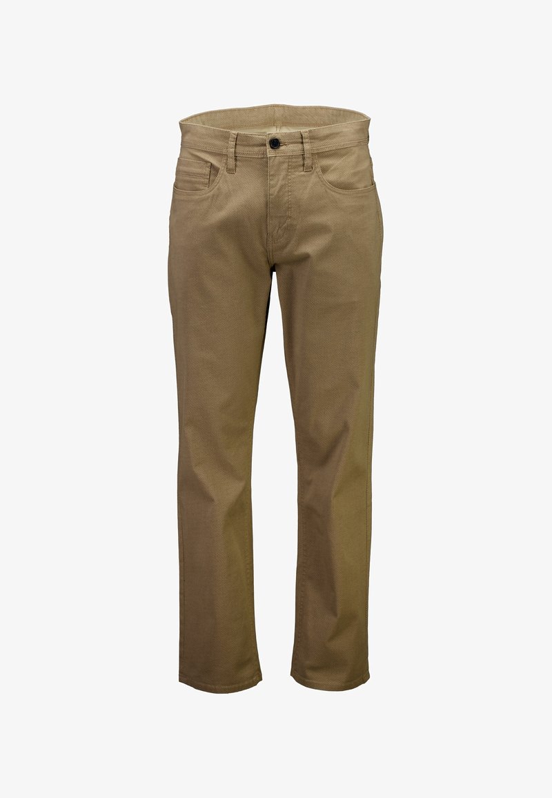 Pantaloni chinos di cotone color beige con gamba dritta, dotati di design a cinque tasche, chiusura frontale con bottoni e una texture liscia. Nessun motivo visibile.
