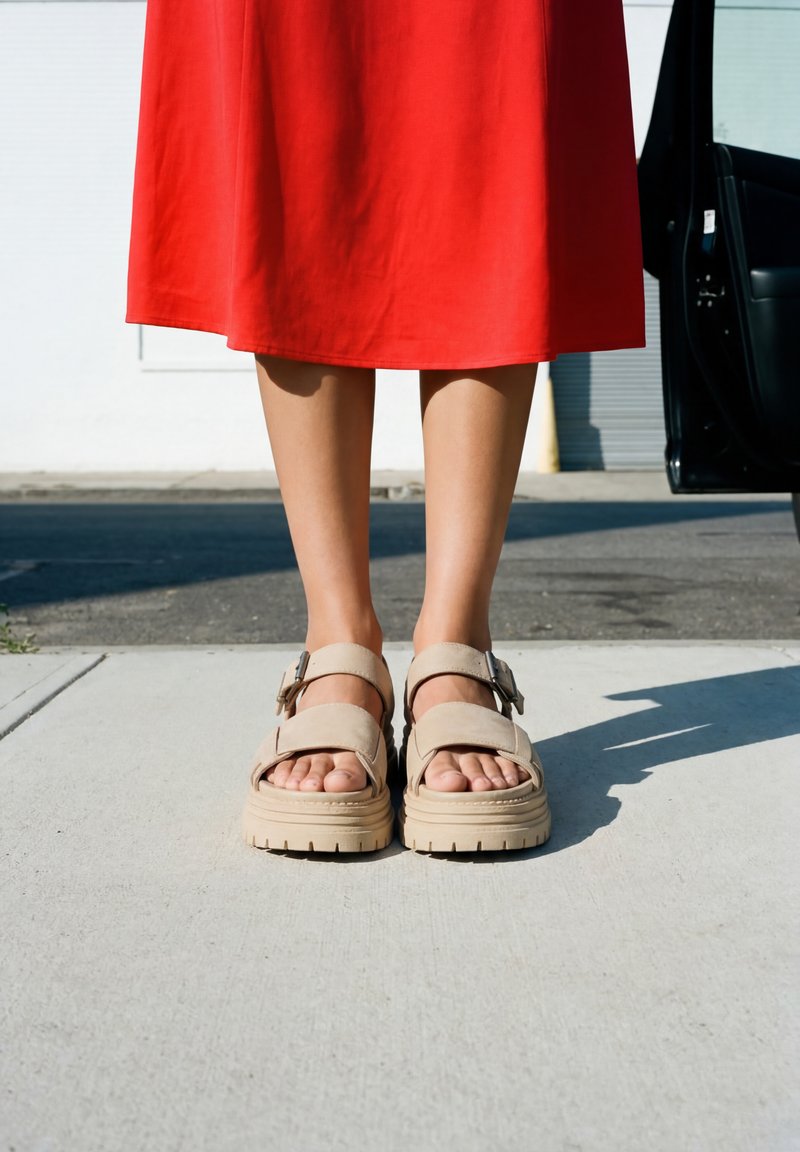 Personne portant des sandales beiges et une robe rouge debout sur un trottoir à côté d'une portière de voiture ouverte.