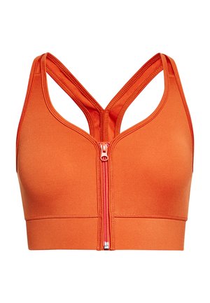 Oranges Sport-BH mit einem Frontreißverschluss, der ein gekreuztes Rücken-Design und eine glatte Textur aufweist. Keine sichtbaren Muster oder Beschlagakzente.