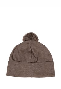 Cappello berretto lavorato a maglia marrone con finitura testurizzata, caratterizzato da un soffice pompon sulla sommità e un risvolto piegato sul fondo.
