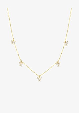 Collier délicat en chaîne d'or avec cinq charms en cristal clair en forme de papillon, espacés régulièrement.