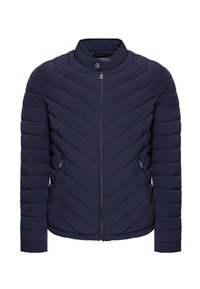 Giacca a vento blu navy con colletto alto, imbottitura a rombi orizzontali, zip frontale e due tasche laterali. Realizzata in materiale leggero e isolante.