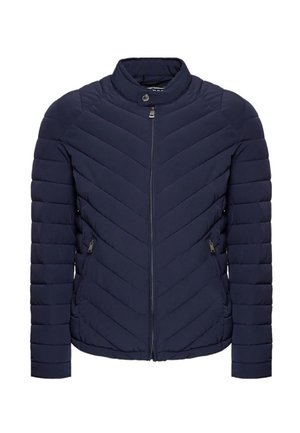 Giacca a vento blu navy con colletto alto, imbottitura a rombi orizzontali, zip frontale e due tasche laterali. Realizzata in materiale leggero e isolante.