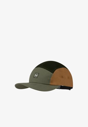 Gorra de béisbol ajustable de seis paneles con frente verde oliva, parte superior negra y paneles laterales marrones, con un pequeño parche con el logo de Buff en el frente.