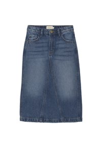 Jeanskjol i medelblått, knälång med framfickor, femficksdesign, kopparfärgad knäppning och kontrasterande sömmar.