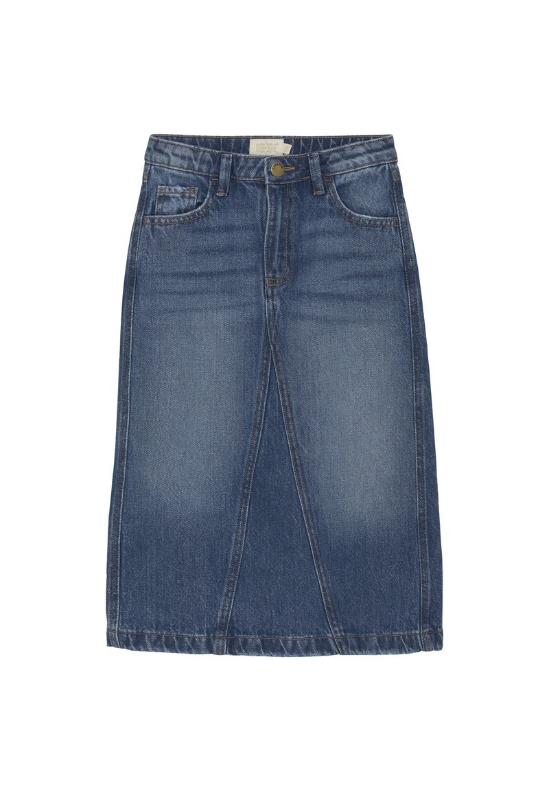 Jeanskjol i medelblått, knälång med framfickor, femficksdesign, kopparfärgad knäppning och kontrasterande sömmar.