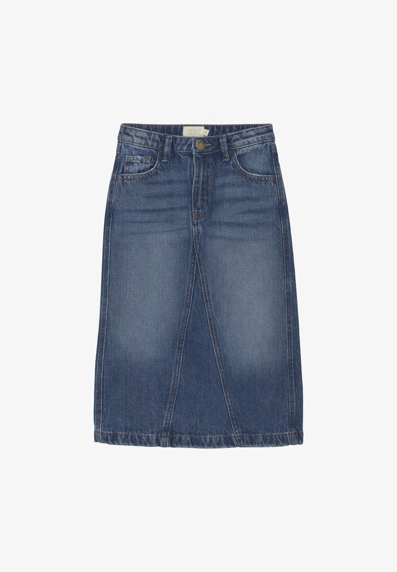 Jeanskjol i medelblått, knälång med framfickor, femficksdesign, kopparfärgad knäppning och kontrasterande sömmar.