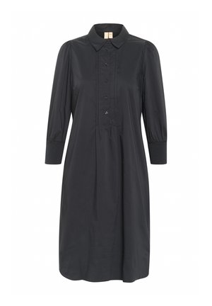 Črna obleka z gumbi in ovratnikom, dolgimi napihnjenimi rokavi ter nabrano podrobnostjo. Narejena iz gladkega materiala z udobnim krojem.