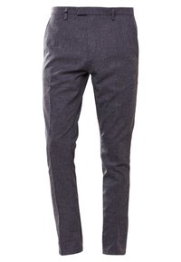 Pantaloni grigi a tessuto intrecciato con una vestibilità slim, caratterizzati da una texture liscia, fronte piatto e passanti per la cintura. Senza tasche visibili né decorazioni.