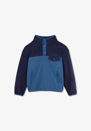 Fleecepullover med lange ærmer med mørkeblå overdel og ærmer, lysere blå krop, trykknapslukning og forlomme med knapklap.