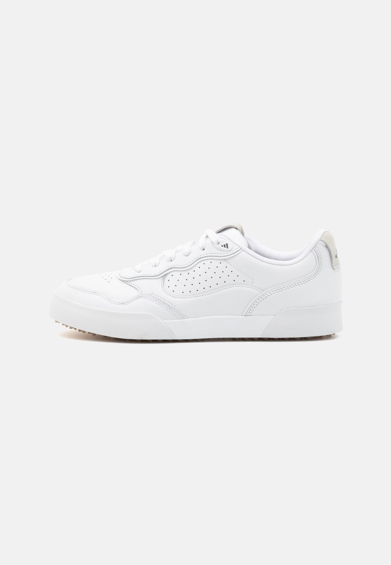 White athletic shoes made of leather, featuring perforated detailing, a rounded toe, padded collar, and a textured rubber outsole.