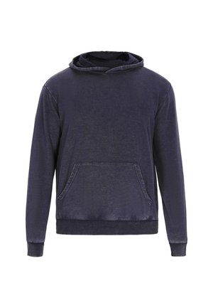 Marineblauwe capuchontrui van zacht materiaal, met een buidelzak en geribbelde manchetten. Soepele textuur met een casual pasvorm.