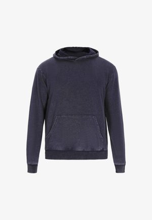 Sötétkék kapucnis pulóver, puha anyagból készült, kenguruzsebes és bordás mandzsettákkal rendelkezik. Simaságával és laza szabásával kényelmes viselet.