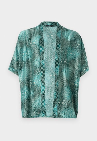 Satenast bluza kimono stila v teal barvi z zapletenimi paisley in geometrijskimi vzorci, ki ima sproščen kroj in kratke rokave.