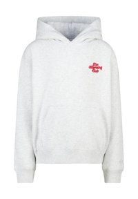 Light gray hoodie made of soft fabric, featuring a front pocket and a red embroidered "The Morning Club" logo on the chest.