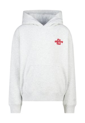 Lichtgrijze hoodie van zachte stof, met een voorzak en een rood geborduurd "The Morning Club" logo op de borst.