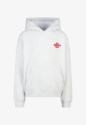 Felpa grigia chiara realizzata in morbido tessuto, con tasca frontale e logo ricamato in rosso "The Morning Club" sul petto.