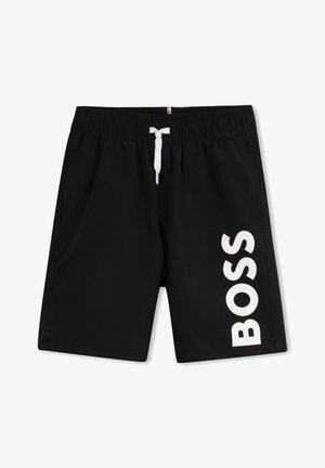 Sorte svøm shorts med snor i livet og hvid "BOSS" logo på venstre side, med en glat tekstur og afslappet pasform.