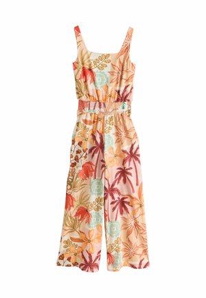 Ärmelloser blumiger Overall mit weitem Bein, elastischem Bund und tropischen Mustern in Korallen-, Pfirsich-, Grün- und Brauntönen auf einem hellen Hintergrund.