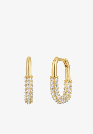 Goldene Ohrringe mit einem eleganten Design, das aus Reihen von klaren Kristallen besteht, wobei einer einem Haken ähnelt und der andere in U-Form gestaltet ist.