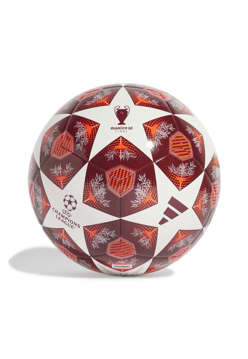 Raudonai balta futbolo kamuolys su žvaigždžių ornamentais, vaizduojantis UEFA Čempionų lygos logotipą, užrašą "Miunchenas 83 Finalas" ir gėlių motyvus.