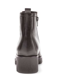 Schwarze Leder-Ankle-Boots mit glatter Textur, ausgestattet mit einem Reißverschluss an der Rückseite, abgerundeten Absatz und einer Schlaufe für ein einfaches An- und Ausziehen.