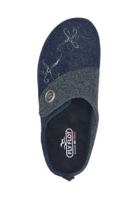 Marineblaue und graue Filzslipper mit einem gestickten Blumenmuster. Verfügt über eine runde Metallakzent und eine weiche schwarze Innenauskleidung. Ergonomische Form.