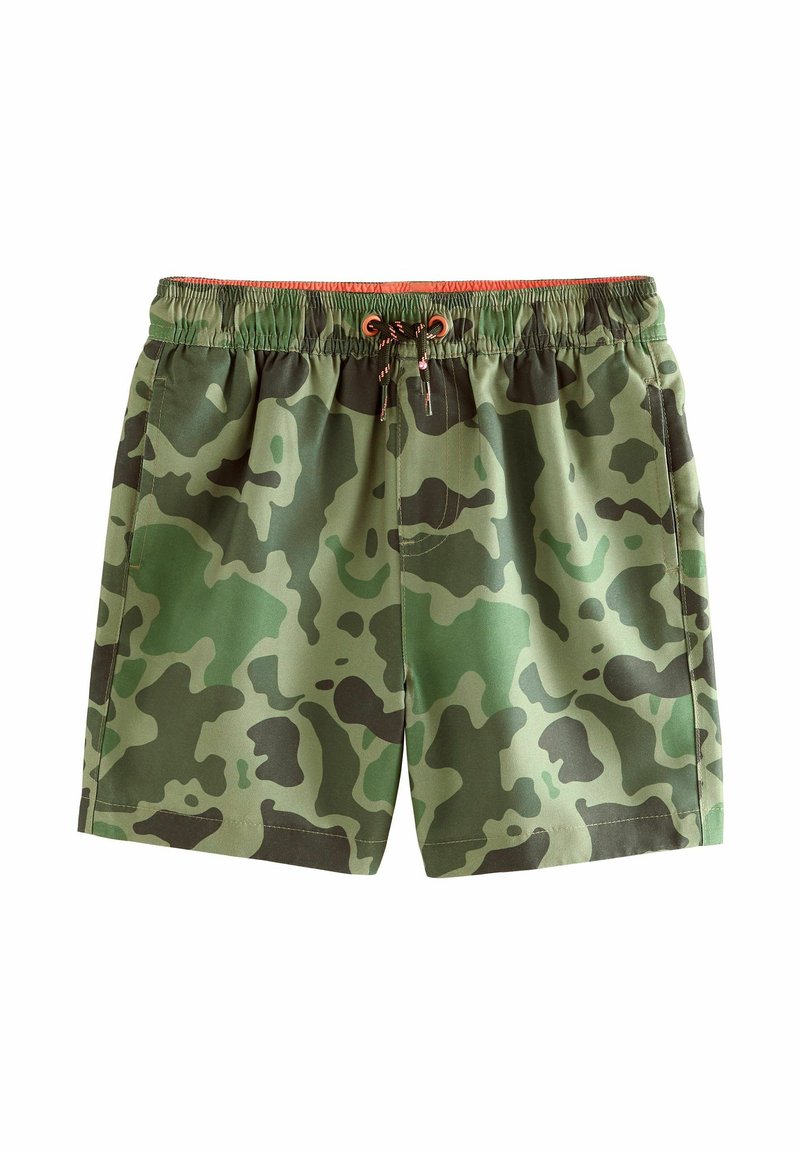 Shorts de bain camouflage dans différentes nuances de vert, dotés d'une taille élastique avec cordon de serrage contrastant et de poches latérales.