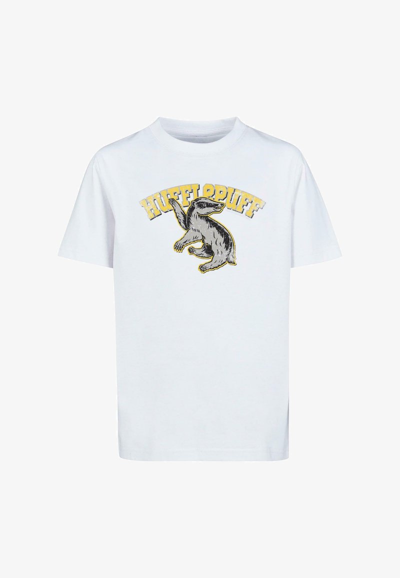 Tricou alb din bumbac cu un grafic al unei nurci și textul "HUFFLEPUFF" în galben și negru deasupra. Mâneci scurte, croială standard.