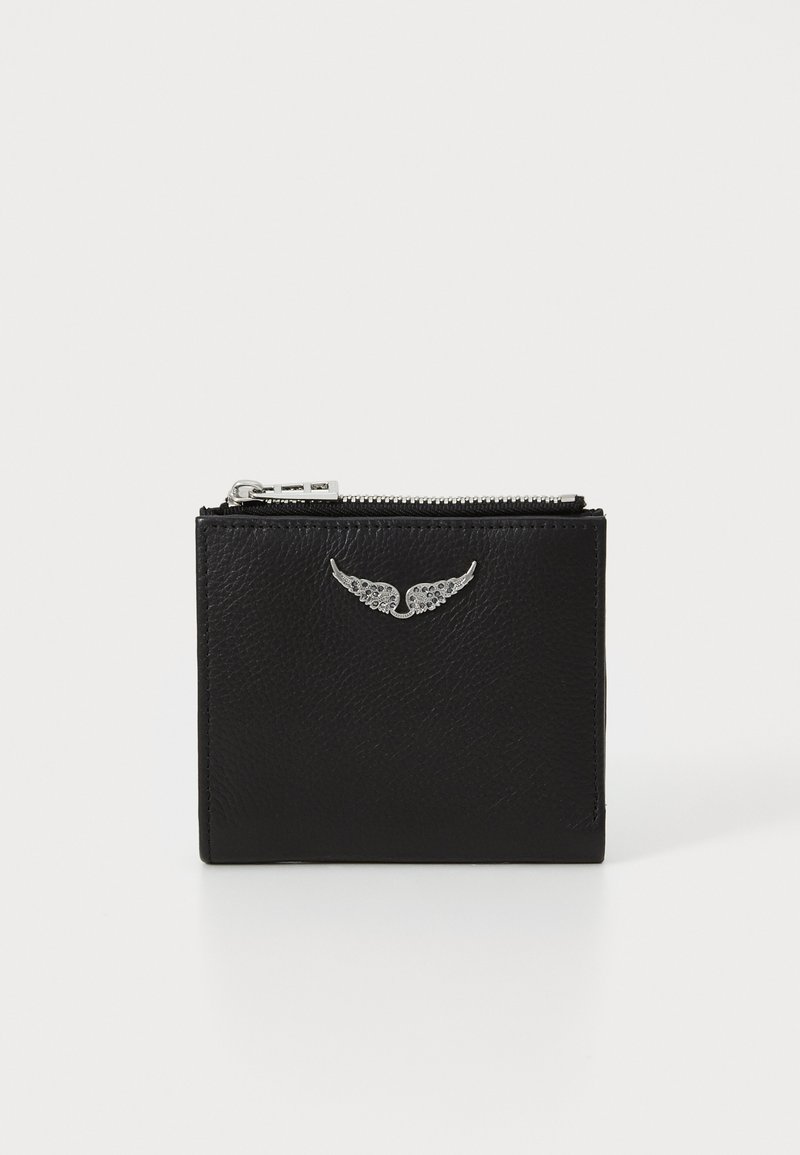 Black leather wallet with a textured finish, featuring a silver wing accent on the front and a zip closure along the top edge.