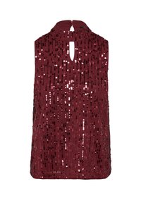 Bordeauxfarbener Paillettenoberteil mit hohem Kragen und Schlüsselloch-Ausschnitt am Rücken. Verfügt über vertikale Paillettenmuster und ein fließendes Design.
