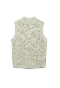 Ärmelloser Strickpullover in Hellgrün mit einem Rautenmuster, hohem Kragen und gerippten Kanten, aus einem strukturierten, atmungsaktiven Material gefertigt.