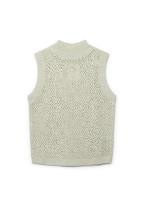 Maglione senza maniche di colore verde chiaro con motivo a rombi, colletto alto e bordi a costine, realizzato in un materiale testurizzato e traspirante.