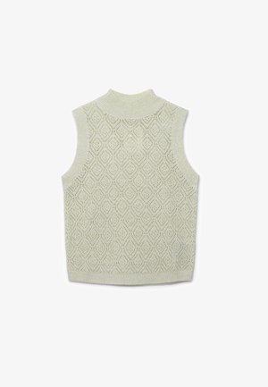 Pull sans manches en tricot de couleur vert clair avec un motif en diamant, un col haut et des bords côtelés, fabriqué à partir d'un matériau texturé et respirant.