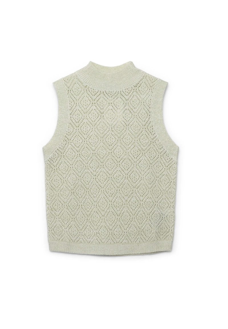 Ärmelloser Strickpullover in Hellgrün mit einem Rautenmuster, hohem Kragen und gerippten Kanten, aus einem strukturierten, atmungsaktiven Material gefertigt.