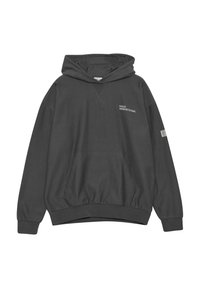 Dunkelgrauer Kapuzenpullover mit Kängurutasche, Kapuze und gerippten Bündchen. Mit "HALO" und Zahlen, die auf der Brust und dem linken Ärmel aufgedruckt sind. Weicher Stoff.